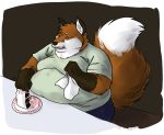  anthro belly big_belly biped brown_fur cake canine clothed clothing dipstick_tail eating eyes_closed fluffylai food fork fox fur holding_object inside male mammal moobs multicolored_tail napkin obese obese_male orange_fur overweight overweight_male plate simple_background sitting smile solo white_fur 