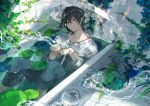  bathroom bathtub black_hair black_pants green_eyes highres indoors jellyfish kyouichi lily_pad male_focus original pants plant rain shirt sitting smile transparent transparent_umbrella umbrella vines wet white_shirt 