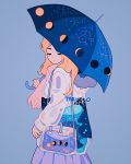  artist_name bag black_eyes blonde_hair blue_background cloud commentary constellation constellation_print crescent_moon full_moon gibbous_moon half-closed_eyes half_moon highres holding holding_umbrella hood hoodie liquid long_hair meyoco moon moon_phases new_moon original pink_scarf pleated_skirt print_umbrella purple_skirt scarf see-through shoulder_bag simple_background skirt solo sparkle umbrella upper_body 