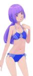  akinbo_(hyouka_fuyou) aoki_reika bangs bikini blue_bikini blunt_bangs breasts cleavage collarbone hair_ribbon halterneck head_tilt highres long_hair looking_at_viewer navel ponytail precure purple_eyes purple_hair ribbon simple_background small_breasts smile_precure! solo standing swimsuit white_background white_ribbon 