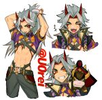  1boy absurdres adjusting_hair alternate_hairstyle animal arataki_itto arms_up belt blush bodypaint closed_eyes cow ear_piercing facepaint fangs genshin_impact grin highres horns long_hair male_focus mouth_hold multicolored_hair multiple_views orange_eyes pants piercing ponytail red_hair short_sleeves simple_background smile symbol-only_commentary thick_eyebrows twitter_username u0rei vision_(genshin_impact) white_background 