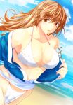  bangs beach bikini bikini_under_clothes blue_sky blush breasts brown_eyes brown_hair cleavage cloud cloudy_sky collarbone commentary_request day dead_or_alive dead_or_alive_xtreme eyebrows_visible_through_hair floral_print hair_down japanese_clothes kasumi_(doa) kettsu large_breasts long_hair looking_at_viewer ninja o-ring o-ring_bikini o-ring_top open_clothes outdoors parted_lips print_bikini sand sash sky solo standing swimsuit white_bikini 
