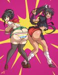  2girls ass ass-to-ass ass_press asuka_(senran_kagura) black_hair breasts brown_eyes butt_crack green_eyes homura_(senran_kagura) huge_ass multiple_girls panties red_panties senran_kagura shoes skirt socks striped striped_panties tagme thighhighs underboob underwear 