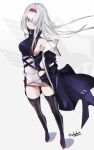  azur_lane boots breasts coat colorado_(azur_lane) commentary cross-laced_footwear full_body high_collar long_hair looking_at_viewer red_eyes sideboob solo standing strap thigh_boots thighhighs white_background white_hair zettai_ryouiki zhzhrs 
