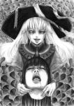  bangs blood blunt_bangs character_request decapitation dress evil_smile fingernails frills greyscale grin guro hane_(azelye) hat komeiji_koishi long_hair looking_at_viewer monochrome multiple_girls nail necktie open_mouth smile too_many too_many_frills touhou 