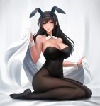  animal_ears bangs bare_shoulders bed_sheet black_hair black_hairband black_legwear black_leotard breasts bunny_ears bunny_girl bunnysuit cleavage closed_mouth covered_navel detached_collar eyebrows_visible_through_hair fake_animal_ears full_body green_eyes hairband highleg highleg_leotard highres large_breasts leotard light_smile long_hair looking_at_viewer no_shoes obaoba_(monkeyix) original pantyhose sheet_grab sitting solo straight_hair strapless strapless_leotard wariza wrist_cuffs 