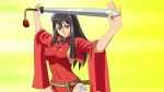  10s 1girl breasts dress large_breasts queen&#039;s_blade queen&#039;s_blade_rebellion red_dress red_eyes simple_background smile solo sword tarnyang_(queen&#039;s_blade) underwear weapon 