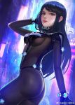  abstract_background arm_at_side ass black_hair bodysuit breasts brown_eyes chunhui_lee cowboy_shot eyelashes gantz gantz_suit glowing hair_tousle hand_in_hair highres large_breasts long_hair looking_at_viewer open_mouth pink_lips purple_background shimohira_reika shiny shiny_clothes skin_tight smile solo upper_teeth 