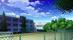 basketball_court blue_sky branch chain-link_fence cloud day fence highres mitsu_ura no_humans original outdoors pine_tree scenery school sky soccer_field tree 