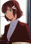  1girl :d blurry book brown_hair collared_shirt curtains day depth_of_field eyebrows_visible_through_hair eyes_visible_through_hair female formal green_eyes hair_ornament happy highres indoors jacket kakumeiki_valvrave looking_at_viewer neck office office_lady open_book open_mouth red_jacket sashinami_shouko shirt short_hair sitting smile solo suit upper_body white_shirt window windwillows 