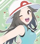  ;d artist_name blue_(pokemon) blue_shirt brown_eyes brown_hair commentary_request hat highres miu_(miuuu_721) one_eye_closed open_mouth outline patterned_background pokemon pokemon_(game) pokemon_frlg porkpie_hat shirt sidelocks signature sleeveless sleeveless_shirt smile upper_body white_outline 