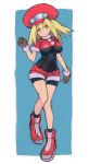  alternate_breast_size bike_shorts blonde_hair blush breasts cabbie_hat commentary_request covered_navel full_body gloves green_eyes hair_between_eyes hat head_tilt jiyu2 large_breasts long_hair lying on_back red_footwear red_shorts rockman rockman_dash roll_caskett shoes shorts simple_background skin_tight solo source_request thigh_gap 