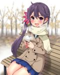  absurdres akebono_(kantai_collection) autumn autumn_leaves bell bench blue_skirt blurry brown_coat coat coffee_cup commentary_request cup day depth_of_field disposable_cup flower flying_sweatdrops hair_bell hair_between_eyes hair_flower hair_ornament highres jingle_bell kantai_collection kneehighs long_hair looking_at_viewer miniskirt open_mouth outdoors pink_lips pleated_skirt purple_eyes purple_hair sarfata scarf school_uniform serafuku side_ponytail sitting skirt steam very_long_hair wavy_mouth white_scarf 