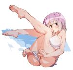  ass bare_legs barefoot bikini bikini_pull blue_background blush breasts commentary_request dated eyebrows_visible_through_hair feet food large_breasts leg_hug looking_at_viewer mouth_hold pocky purple_hair red_eyes shinjou_akane soles solo ssss.gridman swimsuit tareme tilt-shift toes twitter_username white_bikini 