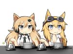  :3 animal_ear_fluff animal_ears artist_name bangs bell black_eyes blonde_hair blue_eyes blush breasts cat_ears cleavage commentary_request dog_ears eyebrows_visible_through_hair food food_on_face girls_frontline goggles goggles_on_head headset idw_(girls_frontline) long_hair meme mossberg_500_(girls_frontline) multiple_girls necktie paw_pose plate plate_stack rice rice_on_face star sudo_shinren 