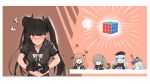  5girls :3 :d black_bow black_gloves blank_eyes blue_hair blush bow bowtie brown_hair character_request chibi chin_rest clenched_teeth closed_eyes emphasis_lines fingerless_gloves g11_(girls_frontline) ganesagi girls_frontline gloves grey_eyes hair_bow hat head_tilt heavy_breathing highres hk416_(girls_frontline) horns juggling long_hair midriff multiple_girls navel open_mouth ouroboros_(girls_frontline) parted_lips rubik's_cube scarf school_uniform serafuku short_sleeves sleeping smile standing struggling sweatdrop teeth twintails ump45_(girls_frontline) ump9_(girls_frontline) white_neckwear 