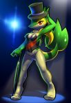  2014 anthro breasts cane cleavage clothed clothing elpatrixf female hat hi_res looking_at_viewer navel nintendo nipple_bulge pok&eacute;mon pok&eacute;mon_(species) pok&eacute;morph red_eyes reptile scalie smile snivy solo standing top_hat video_games 