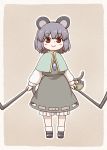  animal_ears blue_capelet blush capelet closed_mouth eyebrows_visible_through_hair gem grey_background grey_footwear grey_hair grey_skirt grey_vest holding jewelry looking_at_viewer mouse mouse_ears mouse_tail nazrin necklace outline poronegi prehensile_tail red_eyes shoes short_hair simple_background skirt smile socks solo standing tail touhou vest white_legwear white_outline younger 
