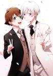  10s 2boys :d black_jacket blue_eyes blush brown_hair closed_mouth confetti couple formal hand_up happy highres husband_and_husband jacket jewelry kakumeiki_valvrave l-elf looking_at_viewer male_focus multiple_boys necktie open_mouth purple_eyes ring round_teeth sana423 short_hair side-by-side silver_hair smile suit tears teeth tokishima_haruto upper_teeth v wedding_band wedding_ring white_jacket yaoi 