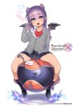  atte7kusa brave_sword_x_blaze_soul commentary_request demon_girl demon_horns demon_tail demon_wings fang highres horns letter looking_at_viewer love_letter miniskirt official_art open_mouth pointy_ears purple_eyes purple_hair ribbon shirt sitting skirt solo spread_legs tail wings 