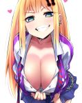  1girl artist_request blonde_hair blue_eyes breasts character_request cleavage cleavage_reach grin hanging_breasts huge_breasts leaning_forward long_hair looking_at_viewer smile solo virtual_youtuber 