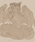  anthro breasts dragon eyes_closed featureless_breasts female kneeling monochrome nude oouna simple_background smile solo wings 