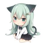  :o amashiro_natsuki animal_ears arm_support bangs barefoot between_legs black_bow black_skirt blush bow cat_ears cat_girl cat_tail chibi collared_shirt commentary_request eyebrows_visible_through_hair flower full_body green_eyes green_hair hair_between_eyes hair_flower hair_ornament hand_between_legs long_hair long_sleeves looking_at_viewer original parted_lips pleated_skirt puffy_long_sleeves puffy_sleeves shirt simple_background sitting skirt solo tail very_long_hair wariza white_background white_flower white_shirt 