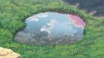  cherry_blossoms cloud cloudy_sky commentary_request day fateline_alpha grass highres no_humans original outdoors puddle reflection rock scenery sky tree 