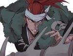  abarai_renji bandana bleach clenched_teeth commentary_request fingernails highres jewelry looking_at_viewer male_focus necklace ponytail red_hair simple_background solo teeth tooth_necklace upper_body westxost_(68monkey) white_background yellow_eyes 