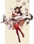  ahoge animal_print bell breasts brown_hair cleavage commentary_request cow_print highres horns huge_breasts long_hair looking_at_viewer milk milk_churn mole mole_on_breast orry red_eyes red_legwear sandals skindentation smile thighhighs thighs ushio_tia very_long_hair virtual_youtuber 