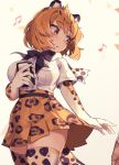  animal_ear_fluff animal_ears black_hair blonde_hair bow bowtie cassette_player center_frills commentary_request cowboy_shot elbow_gloves eyebrows_visible_through_hair from_below fur_collar gloves hatagaya high-waist_skirt jaguar_(kemono_friends) jaguar_ears jaguar_print jaguar_tail kemono_friends multicolored_hair musical_note pleated_skirt print_gloves print_legwear short_hair short_sleeves skirt solo tail thighhighs yellow_eyes zettai_ryouiki 