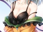  bare_shoulders black_bra blue_background bra breasts camisole cleavage collarbone commentary_request frilled_shirt_collar frills gradient gradient_background head_out_of_frame highres komeiji_koishi m9kndi medium_breasts off_shoulder shirt silver_hair solo strap_slip touhou underwear yellow_shirt 