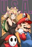  1girl :d barashiya bare_shoulders black_dress black_nails blonde_hair blue_earrings blue_eyes bowsette bracelet brooch cabbie_hat closed_eyes commentary crown da_pump dress eyebrows_visible_through_hair gloves grin hand_on_hip hat highres jewelry mario mario_(series) nail_polish new_super_mario_bros._u_deluxe open_mouth overalls phanto pointing pointy_ears red_hat red_shirt sharp_teeth shirt shy_guy sketch smile spiked_armlet spiked_bracelet spiked_shell spikes strapless strapless_dress super_crown super_mario_bros._2 teeth turtle_shell u.s.a. v-shaped_eyebrows white_gloves 
