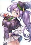  bangs blood blood_bag blush breasts buttons capelet closed_mouth commentary_request fate/grand_order fate_(series) glasses green_neckwear hair_between_eyes hand_on_hip hane_yuki hat highres licking_lips long_hair long_sleeves looking_at_viewer medium_breasts necktie pleated_skirt purple_eyes purple_hair purple_hat simple_background sion_eltnam_atlasia skirt smile solo tassel thighs tongue tongue_out twintails uniform white_background 