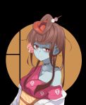  bad_id bad_pixiv_id blue_kimono blue_skin bright_pupils brown_hair closed_mouth dango_hair_ornament food_themed_hair_ornament hair_ornament hairpin highres japanese_clothes kimono looking_at_viewer mitu_yang obi off_shoulder red_eyes sash scar solo upper_body yuugiri_(zombie_land_saga) zombie zombie_land_saga 