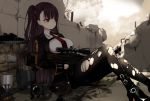  anthropomorphism braids breasts girls_frontline gloves gun long_hair naruwe pantyhose ponytail purple_hair red_eyes robot ruins shade tie torn_clothes wa2000_(girls_frontline) weapon 