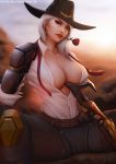  ashe_(overwatch) backlighting breasts cleavage collarbone collared_shirt commentary cowboy_hat cowboy_shot earrings english eyeliner flower gloves gun hat highres holding holding_gun holding_weapon jewelry large_breasts light_smile lipstick looking_at_viewer makeup medium_hair mole_above_mouth mouth_hold no_bra open_clothes open_shirt outdoors overwatch pants red_eyes red_lipstick rifle rose shirt sitting sleeves_folded_up solo spread_legs stud_earrings sunset unbuttoned unbuttoned_shirt untied watermark weapon web_address white_hair white_shirt yupachu 