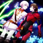  10s 2boys :d :o armor belt black_bodysuit blue_eyes blush bodysuit boots brown_hair couple eye_contact face-to-face floral_background flower hair_between_eyes hand_holding highres interlocked_fingers jacket kakumeiki_valvrave l-elf long_sleeves looking_at_another male_focus military military_uniform multiple_boys neck open_mouth purple_eyes red_armor sana423 short_hair side-by-side silver_hair sky smile spacesuit standing star_(sky) starry_sky tears tokishima_haruto uniform white_jacket yaoi 