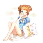  ;o barefoot bloomers blue_dress blue_eyes brown_hair dress frills hair_ornament hair_rings hand_up highres idolmaster idolmaster_(classic) idolmaster_million_live! idolmaster_million_live!_theater_days knees_up looking_at_viewer mameris2 one_eye_closed pillow scrunchie short_hair short_sleeves simple_background sitting solo star star_hair_ornament takatsuki_yayoi underwear white_background wrist_scrunchie yawning 