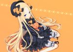  :o abigail_williams_(fate/grand_order) bangs black_bow black_dress black_hat blonde_hair bloomers blue_eyes blush bow bug butterfly commentary_request dress eyebrows_visible_through_hair fate/grand_order fate_(series) foot_out_of_frame forehead from_above hair_bow hat insect long_hair long_sleeves looking_at_viewer looking_up object_hug orange_background orange_bow parted_bangs parted_lips polka_dot polka_dot_bow sitting sleeves_past_fingers sleeves_past_wrists solo stuffed_animal stuffed_toy teddy_bear underwear very_long_hair waga wariza white_bloomers 