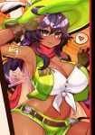  ahoge armlet armpits bare_shoulders belt blush bra breasts brown_gloves cleavage commentary_request contrapposto cropped_jacket dragalia_lost eyebrows_visible_through_hair fingerless_gloves gloves green_hat green_jacket green_shorts hat hat_feather heart highres huge_breasts jacket long_hair looking_at_viewer malora open_clothes open_jacket osiimi parted_lips purple_eyes purple_hair salute short_shorts shorts simple_background sleeveless_jacket smile solo spoken_heart underwear white_bra 