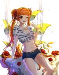  ;d absurdres arm_support blue_shorts bra breasts cleavage collarbone double_bun earrings flower hair_ribbon highres hm_(wonhml) jewelry leaning_back long_hair navel necklace one_eye_closed open_mouth orange_hair original red_eyes red_flower red_ribbon red_rose ribbon rose shirt short_shorts shorts small_breasts smile solo striped striped_shirt tied_shirt twintails underwear very_long_hair white_background white_bra white_shirt 