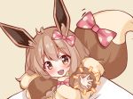  :3 :d animal_ears bangs blush bow brown_background brown_eyes brown_hair eevee eyebrows_visible_through_hair fur hair_between_eyes hair_bow head_tilt highres long_sleeves looking_at_viewer open_mouth personification pink_bow pokemon pokemon_(game) pokemon_lgpe polka_dot polka_dot_bow puffy_long_sleeves puffy_sleeves scarlet_dango simple_background sleeves_past_wrists smile solo tail tail_bow tail_raised 