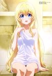  absurdres bangs bathhouse bathing blonde_hair blue_eyes blush eyebrows_visible_through_hair goblin_slayer! highres igawa_norie indoors long_hair looking_at_viewer megami naked_towel official_art open_mouth priestess_(goblin_slayer!) shiny shiny_hair shiny_skin sitting smile solo steam towel very_long_hair wet white_towel 