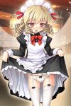  :&lt; alternate_costume apron ass_visible_through_thighs black_dress blonde_hair blush bow bow_panties chestnut_mouth chima_q commentary_request dress dress_lift drill_hair embarrassed enmaided fairy fairy_wings garter_belt garter_straps highres lifted_by_self luna_child maid maid_headdress open_mouth panties panties_day red_eyes short_hair solo thighhighs touhou underwear white_apron white_legwear white_panties wings 
