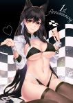  absurdres amami_(amami07) animal_ears anniversary atago_(azur_lane) azur_lane bikini black_hair breasts brown_eyes brown_legwear checkered checkered_background commentary_request extra_ears feet_out_of_frame high_heels highleg highleg_bikini highleg_swimsuit highres huge_filesize large_breasts looking_at_viewer mole mole_under_eye race_queen shrug_(clothing) sitting solo swimsuit thighhighs two-tone_bikini umbrella wariza white_footwear wolf_ears wrist_cuffs 