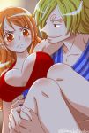  1boy 1girl blonde_hair breasts cleavage dress large_breast long_hair nami_(one_piece) one_piece orange_hair red_dress sanji smile 