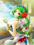  1girl :o android apron bare_arms bikini bracelet braid braided_bun breasts commentary_request cooking flower gintama green_hair hair_flower hair_ornament holding jewelry long_hair looking_back medium_breasts open_mouth solo swimsuit tama_(gintama) white_apron 