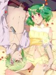  1girl abs ahoge alternate_costume belt blush brera_sterne brother_and_sister cero_(cerocero) cherry flower food fruit green_hair grey_nails hair_ornament hand_on_another's_hip head_wreath hetero incest looking_at_viewer lying macross macross_frontier midriff nail_polish navel on_back open_clothes open_shirt ranka_lee red_eyes see-through short_hair short_shorts shorts siblings upside-down 