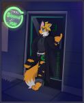  2018 alley anthro belt canine cd city clothed clothing digital_media_(artwork) door flash_drive fluffy fox fur hair hi_res male mammal neon notkastar outside pants shirt smile solo standing steam street torn_clothing torn_pants 